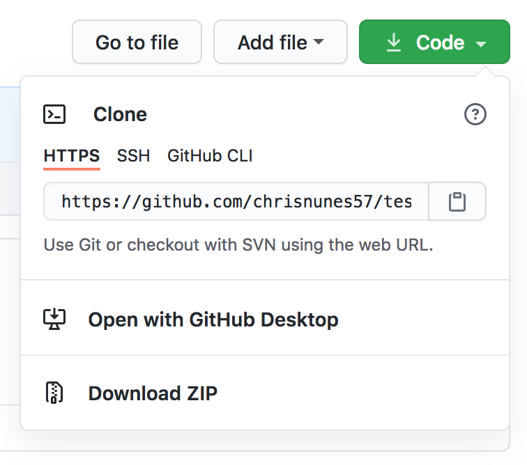 A window showing different ways to clone a Git repository. The options are HTTPS, SSH, or Github CLI