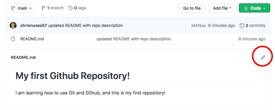 A web page showing information about our repository. There is a circle around a button that will let you edit your README file.