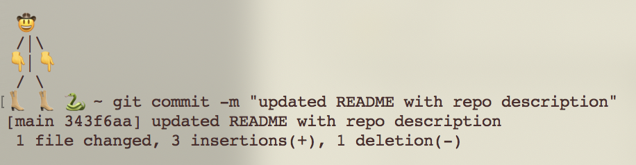 A terminal screen showing the output of the git commit command. It shows that there is one change included in the new commit