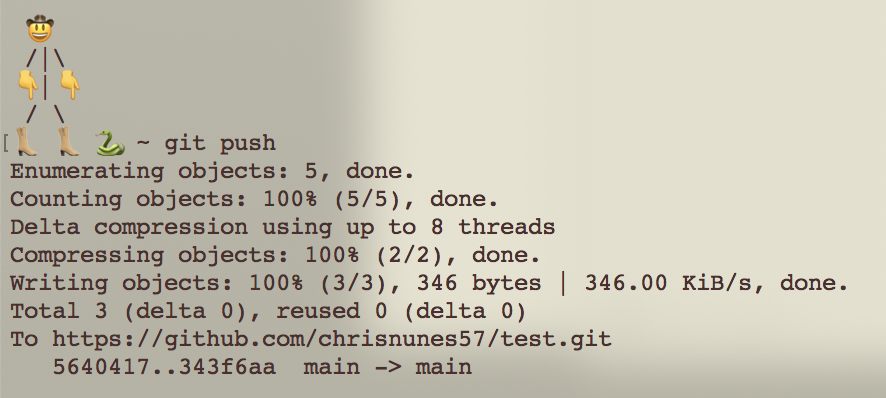 A terminal screen showing the output of the git push command. It shows many changes were uploaded, and that the operation was a success