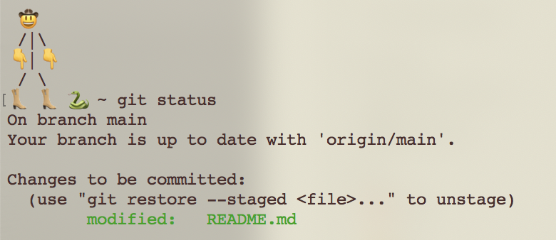 A terminal screen showing the output of the git status command. It shows that there is still one modified file, and that it is now ready to be committed