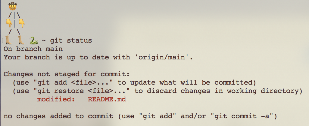 A terminal screen showing the output of the git status command. It shows that there is one modified file, and that it is not currently added to Git