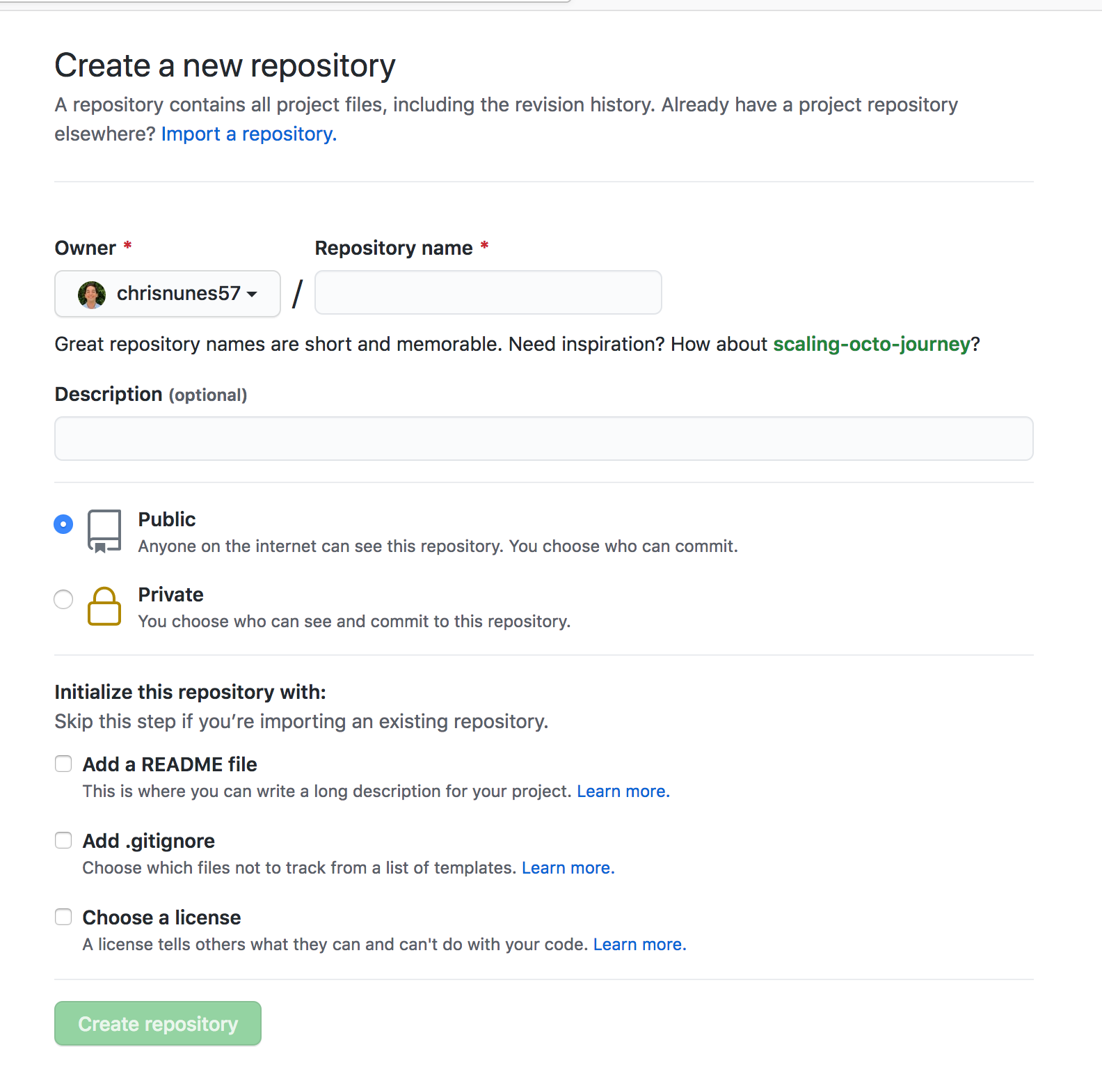 A screen showing fields that you must fill out in order to create a new Git repository