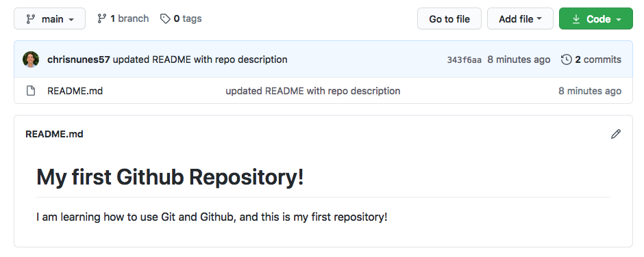 A web page showing information about our repository. The description of the repository now shows the changes that we just uploaded