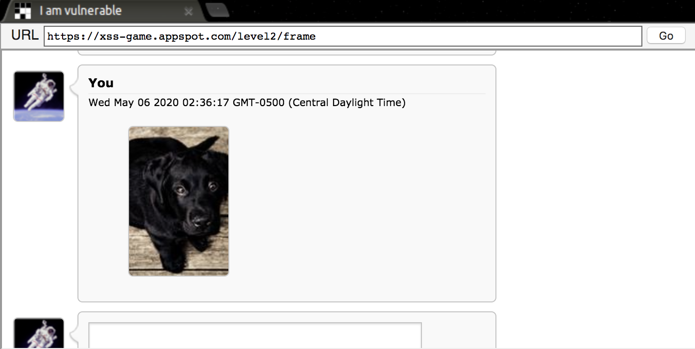 A new message appeared with a picture of a dog in it